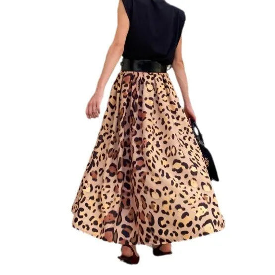 Women's brown leopard print A-line long skirt with big hem detail