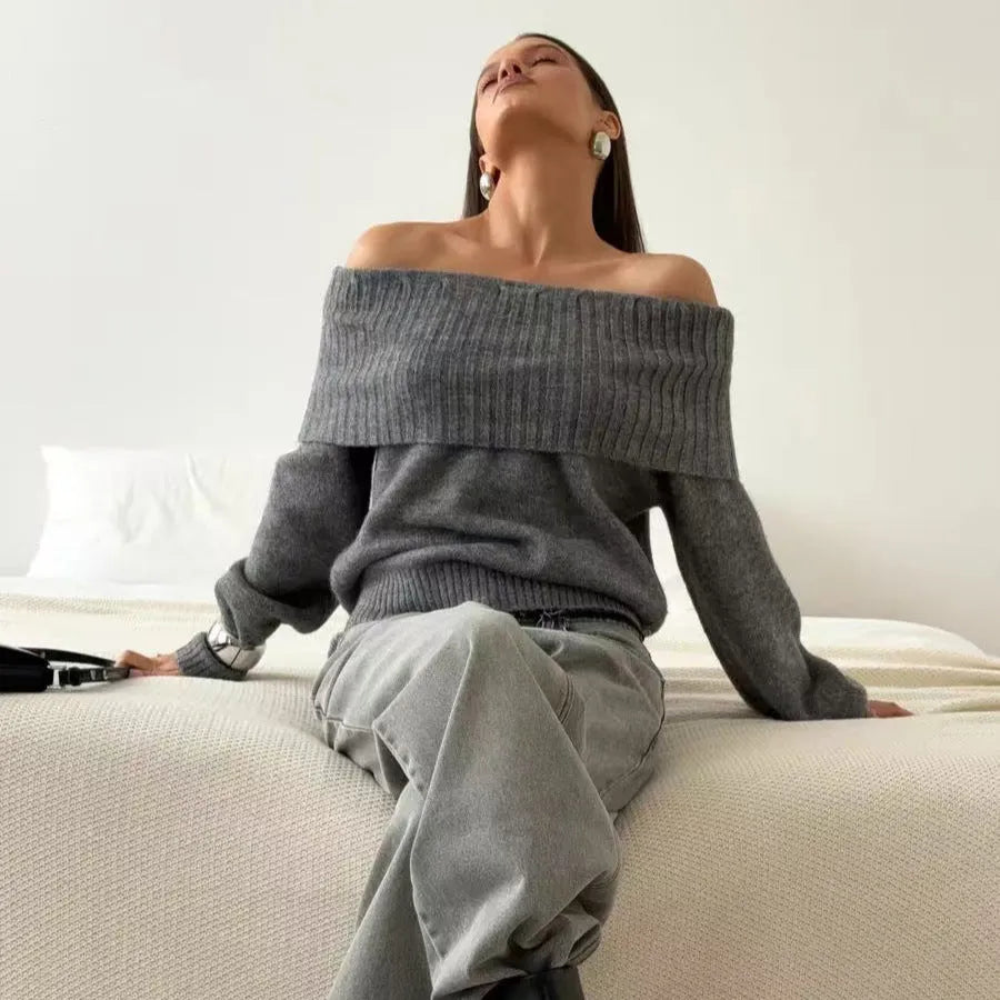 Off-the-shoulder strapless sweater with 3D pattern in grey, white, or wine red colours