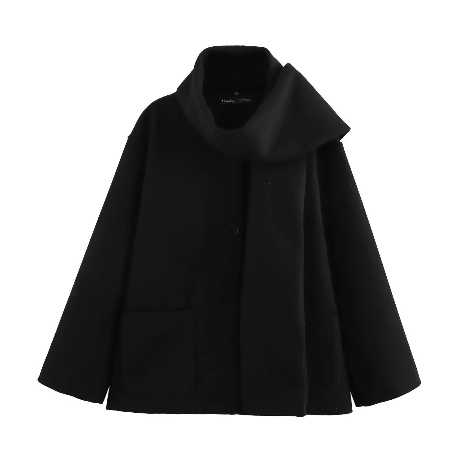 Women's long black polyester overcoat with artificial fur collar, shown at full length.