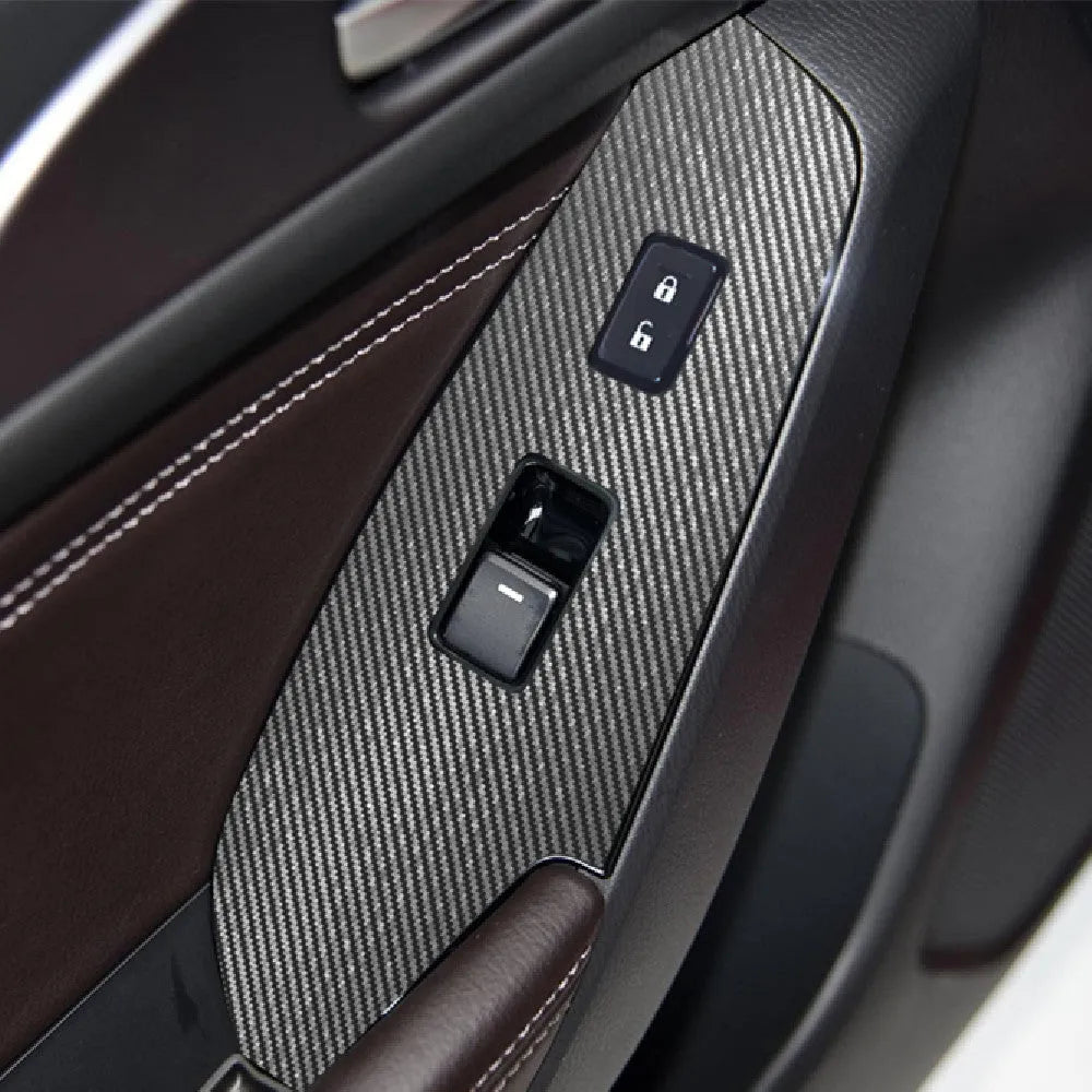 Four TPU protective films for car door control panels on a white background.