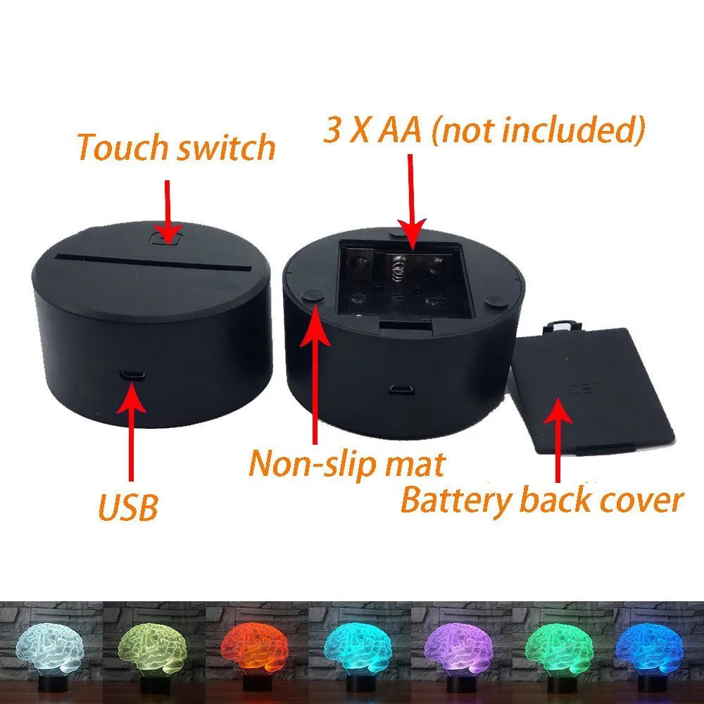 3D acrylic brain sculpture LED desk lamp with colour-changing lights on a black ABS base.