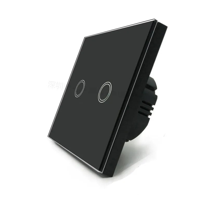 Single-gang tempered glass touch light switch in black, shown front-on.