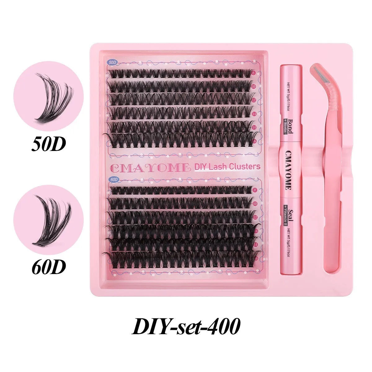 DIY single cluster false eyelashes set with four style options on a clear tray