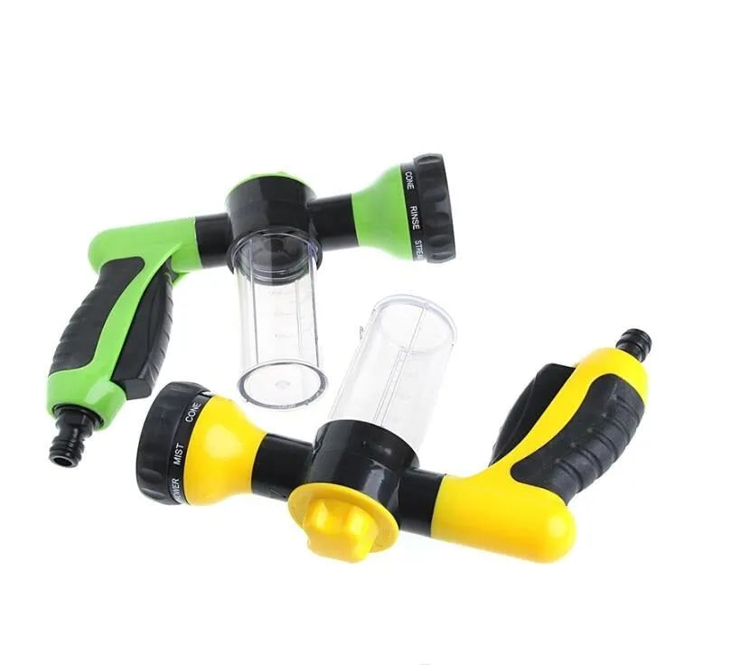 Green high-pressure foam spray water gun with adjustable nozzle for car and garden cleaning.