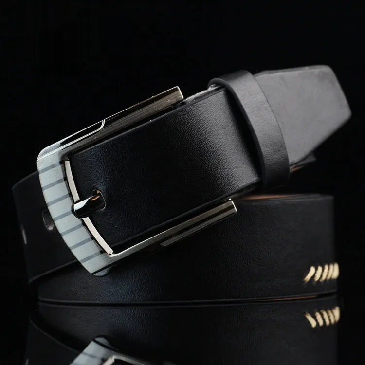 Men's casual belt with alloy pin buckle showing retro threading pattern detail