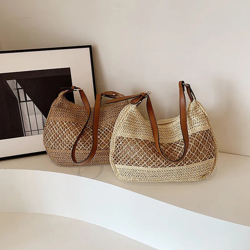 Women's khaki and milky white soft straw cross body bag with a horizontal square shape and sandwich pocket.