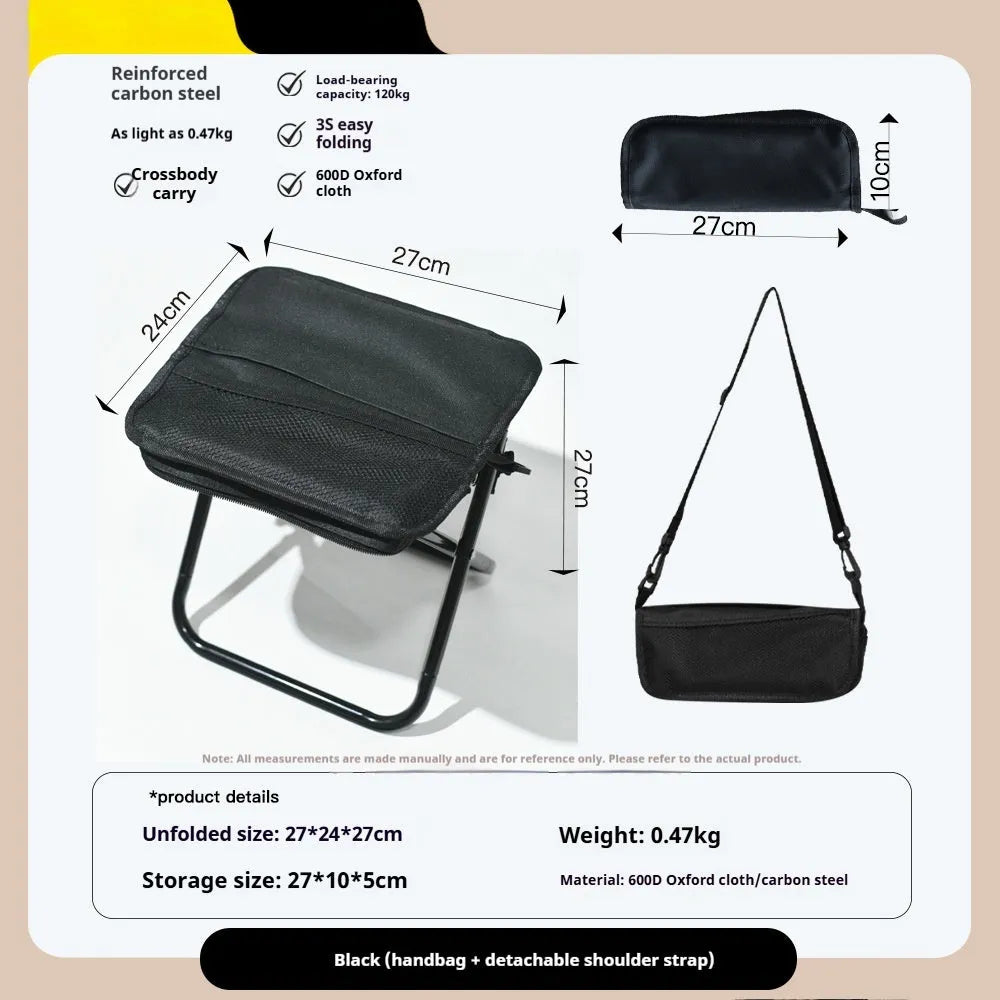Foldable outdoor camp stool in Oxford cloth shown in a khaki colour, collapsed in its flat pencil box design.