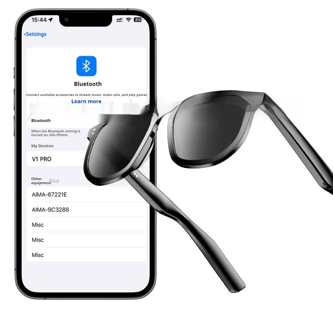 Black AI smart glasses with Bluetooth audio and UV protection lenses.