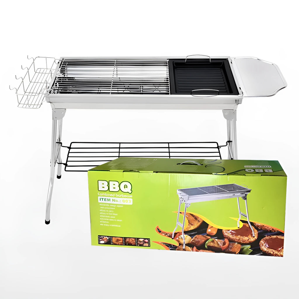 Large stainless steel charcoal barbecue oven with turnover design and cooking accessories