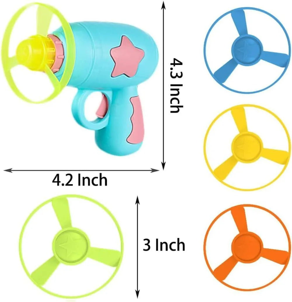 Blue interactive cat toy gun with spinning plastic frisbee for indoor feline play