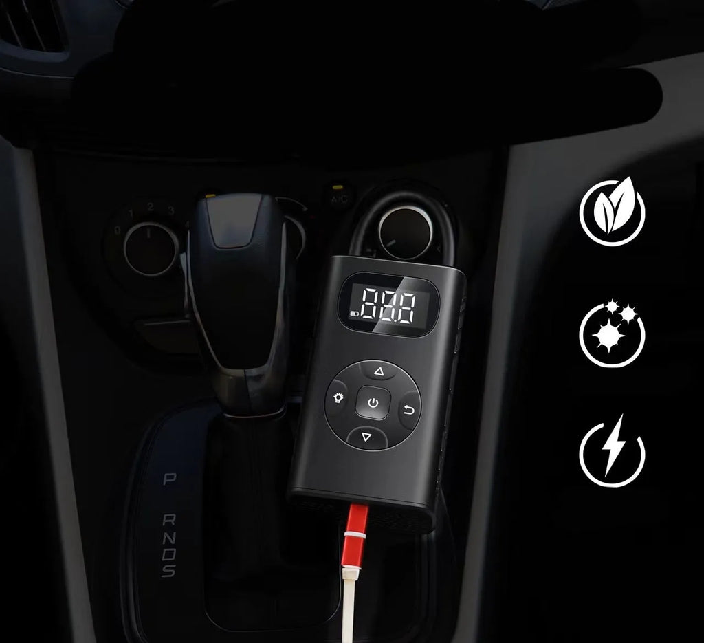 Black aviation aluminium portable electric air compressor and power bank with USB cable and inflatable tube.