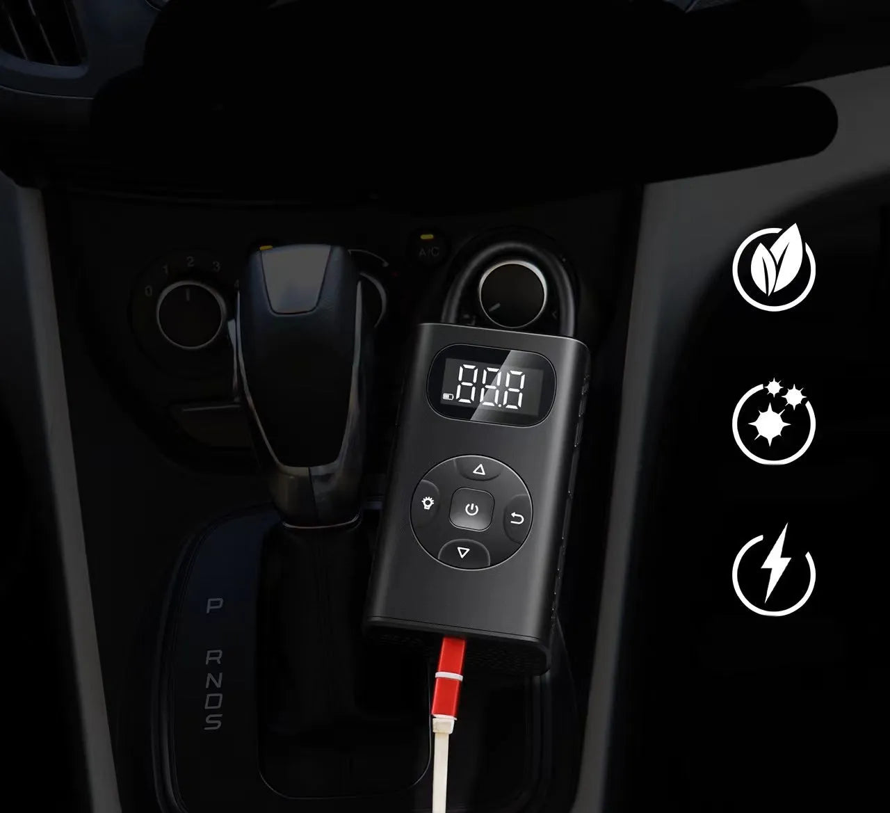 Black aviation aluminium portable electric air compressor and power bank with USB cable and inflatable tube.