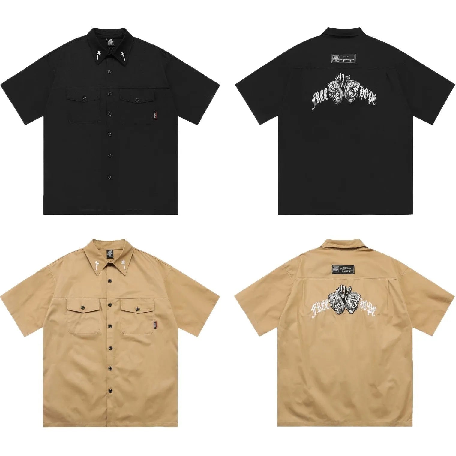 Men's black plus-size loose fit cotton blend shirt with embroidered pocket detail and half sleeves
