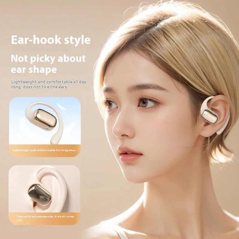 Ear-mounted headphones with digital display screen in black, skin colour, or white colour options