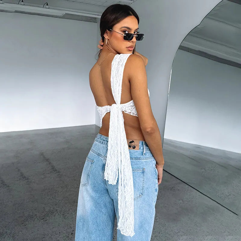 Women's slim-fit lace-back vest top with asymmetrical neckline in solid colour