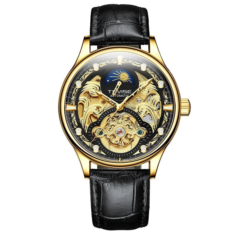 Men's gold leather strap automatic mechanical watch with business design and waterproof case