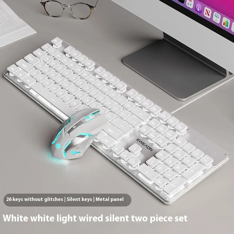 Wired mute keyboard with mechanical feel keys, shown in a Metal Black case with blue LED backlighting.
