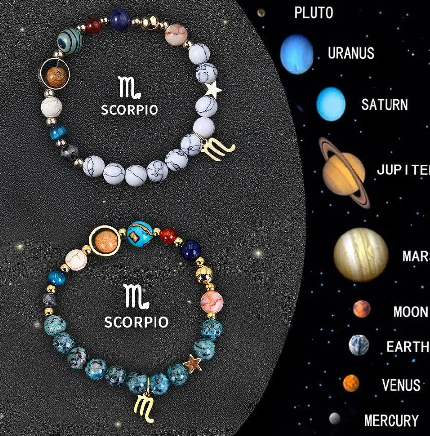 Set of two natural stone beaded bracelets featuring zodiac sign designs on a dark background