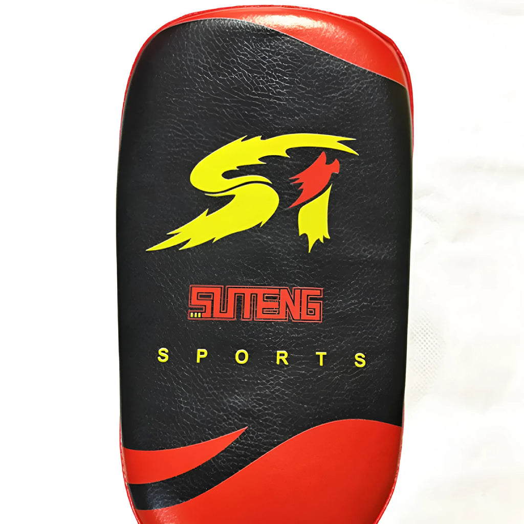 Black and red hand-held martial arts foot target with double buckle for boxing and Sanda training