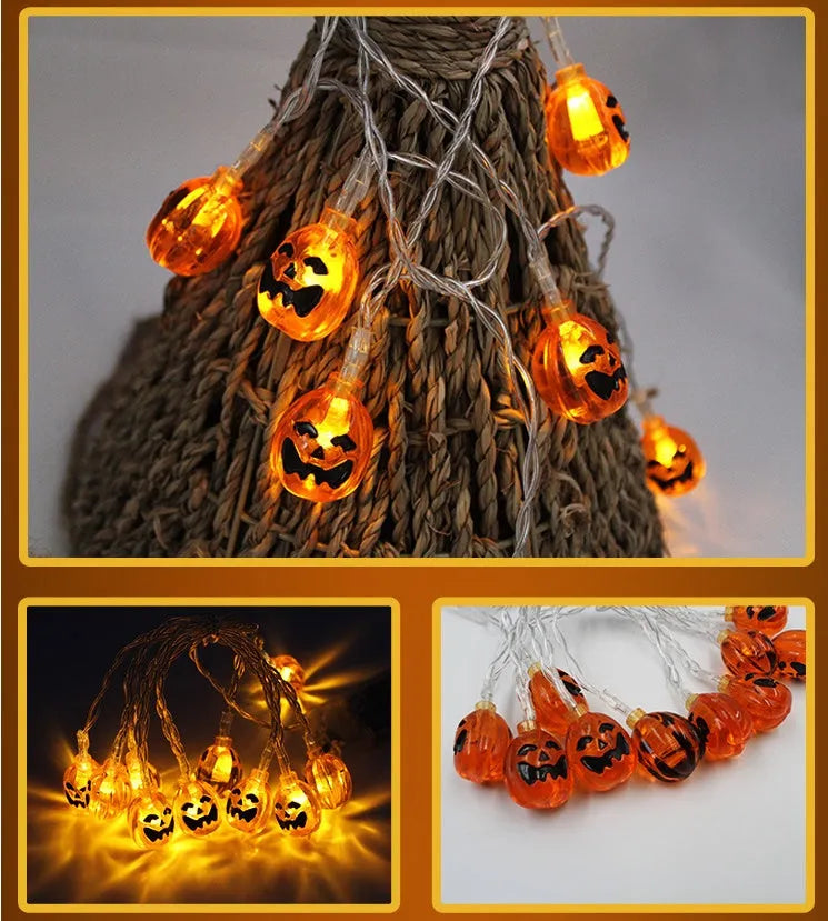 Halloween pumpkin LED string lights with ghost and bat decorations