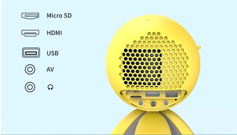 YG220 yellow and white LED projector showing front projection with international plug types