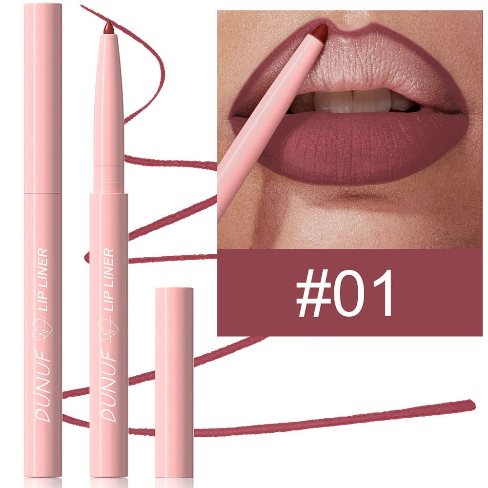 Set of twelve velvet matte lip liners in various shades for precise lip contouring