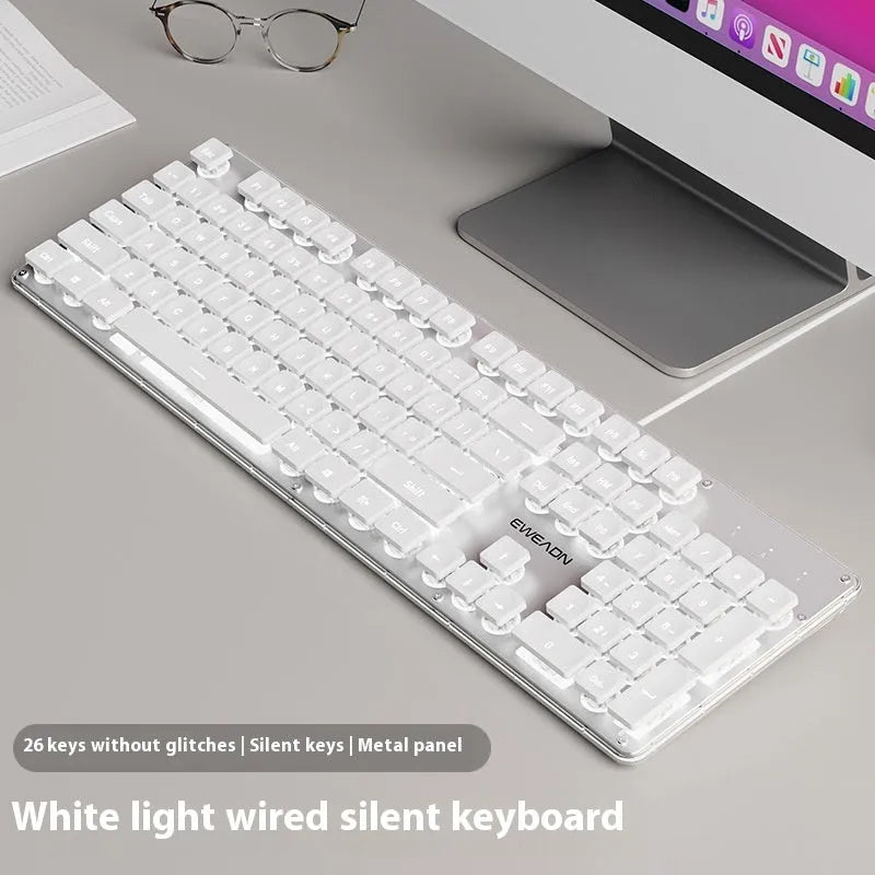 Wired mute keyboard with mechanical feel keys, shown in a Metal Black case with blue LED backlighting.