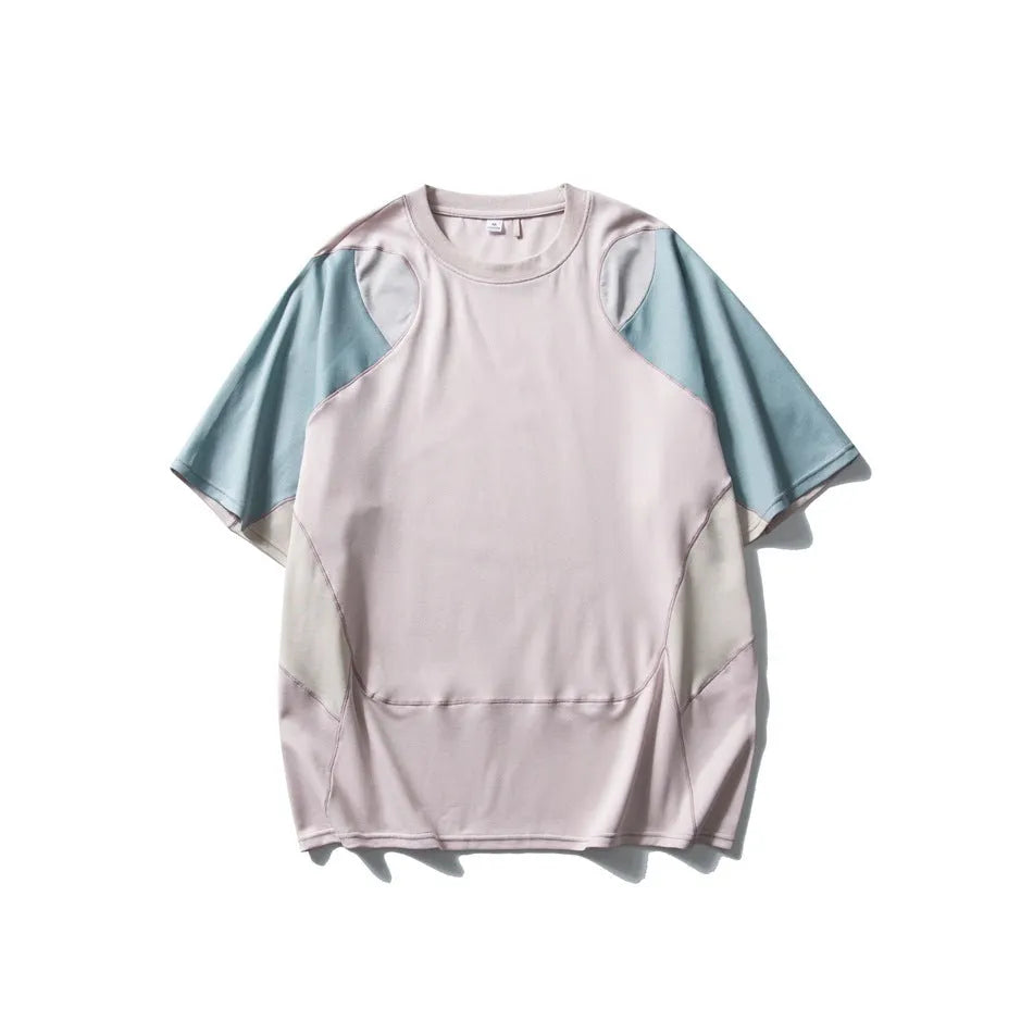 Men's loose-fit patchwork contrast colour T-shirt with raglan short sleeves in cotton blend fabric.