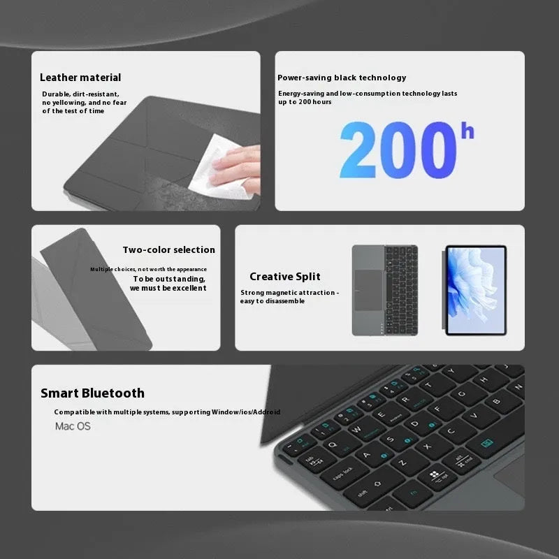 Grey wireless Bluetooth folding keyboard for mobile phones and tablets showing folded and unfolded positions