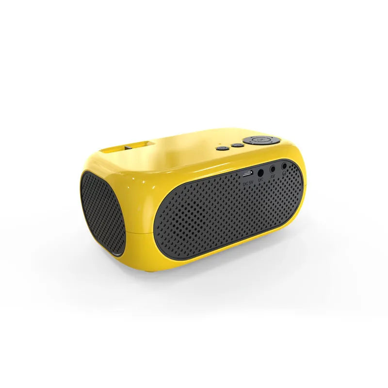 M24 Micro Mini LED Projector in Gold or White colour with power adapter and cables on a table.
