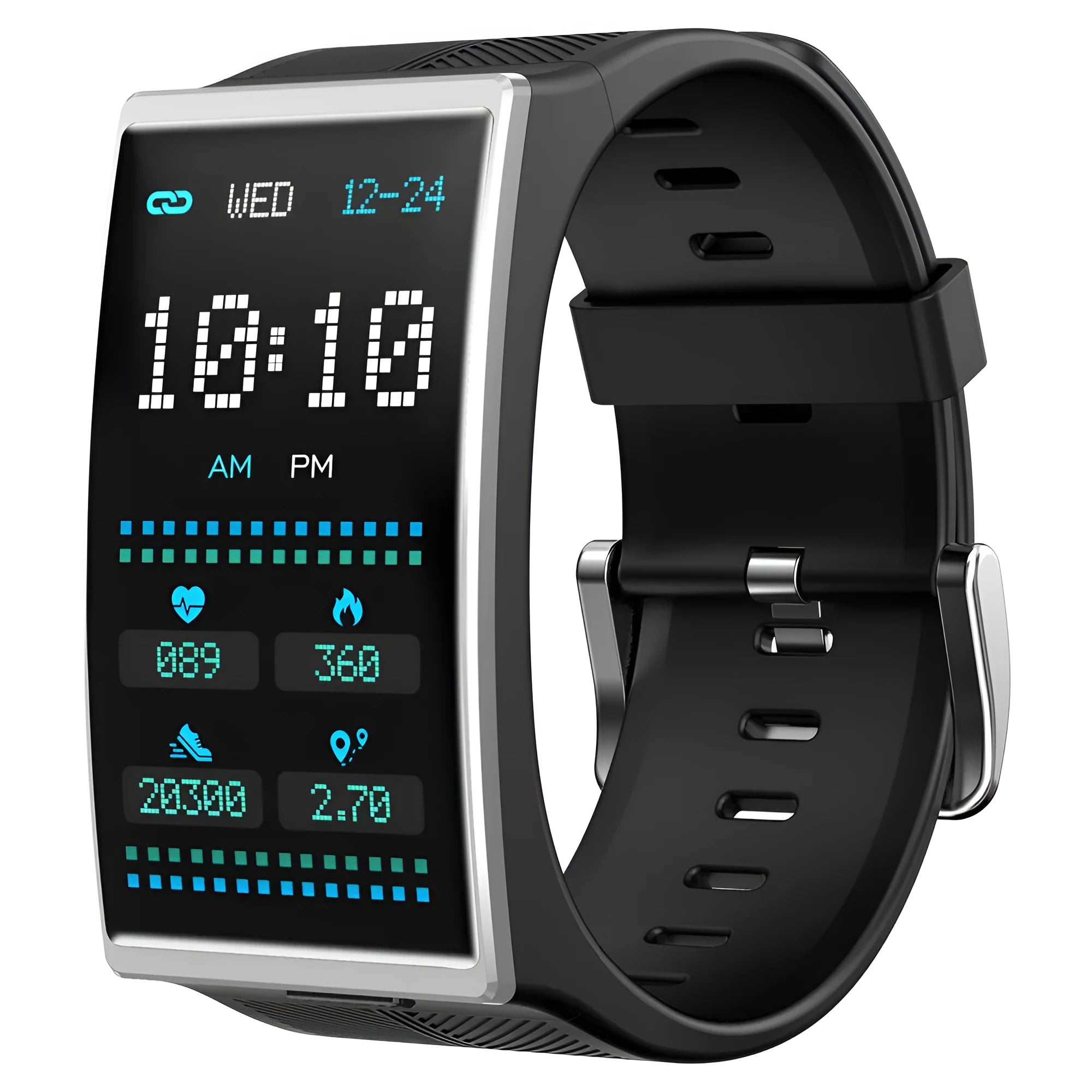 Black or silver Bluetooth waterproof sports watch with blood pressure monitoring on a silicone wrist strap.