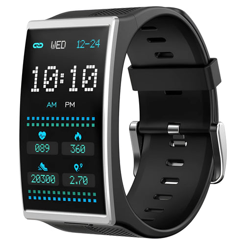 Black or silver Bluetooth waterproof sports watch with blood pressure monitoring on a silicone wrist strap.