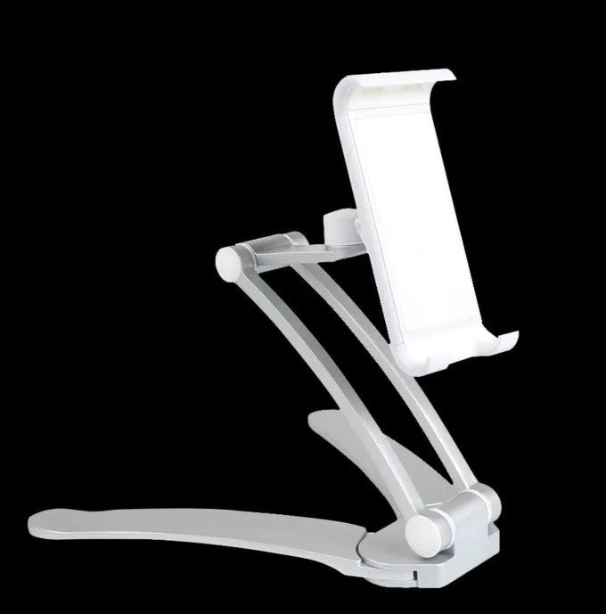 Silver aluminum alloy desktop stand holding a tablet at an adjustable angle.