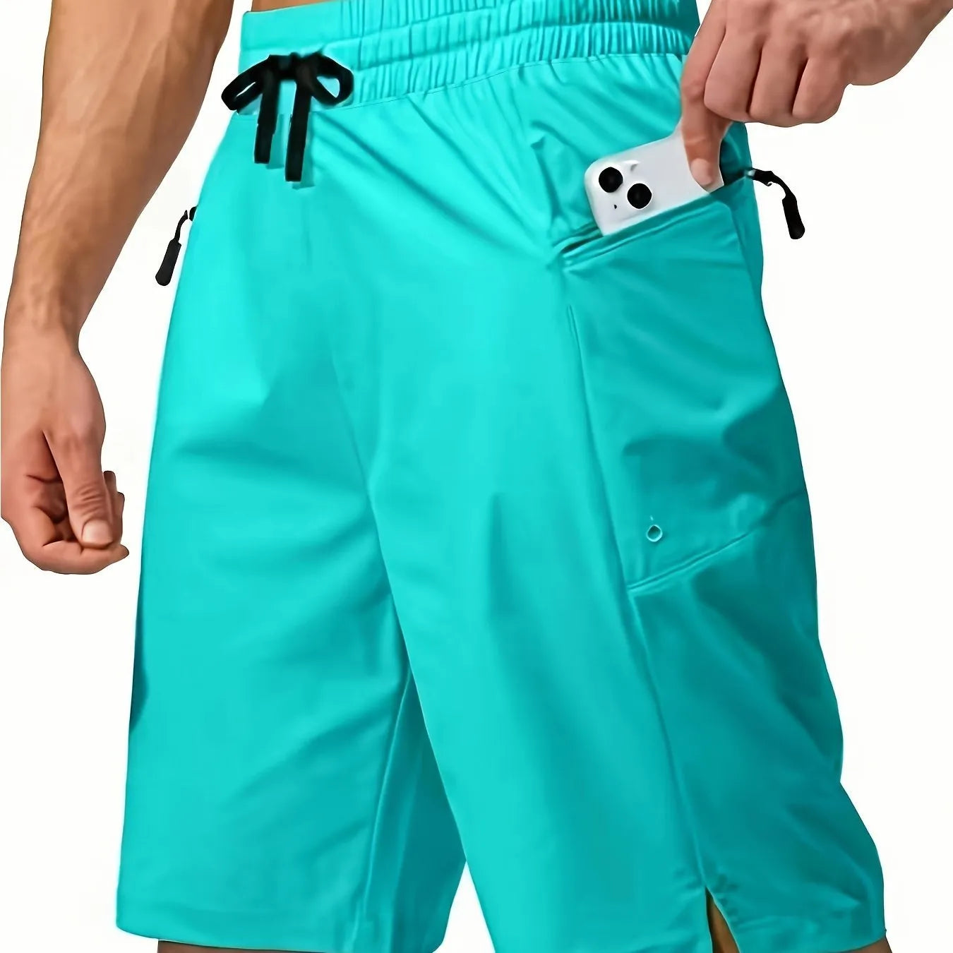 Men's solid colour quick-drying beach shorts in straight leg cut on size chart