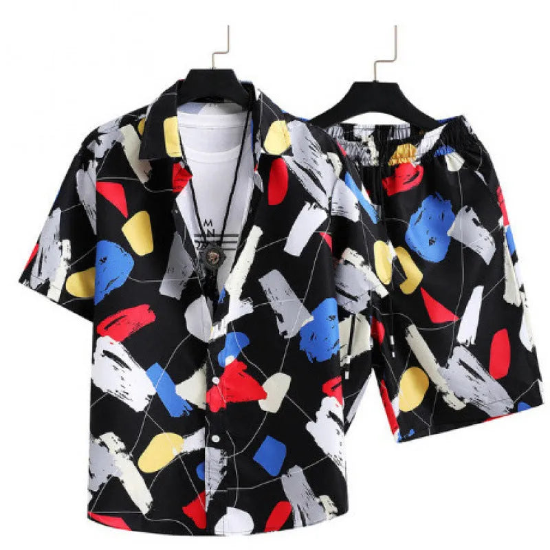 Men's short sleeve cardigan and shorts casual suit set with digital printing
