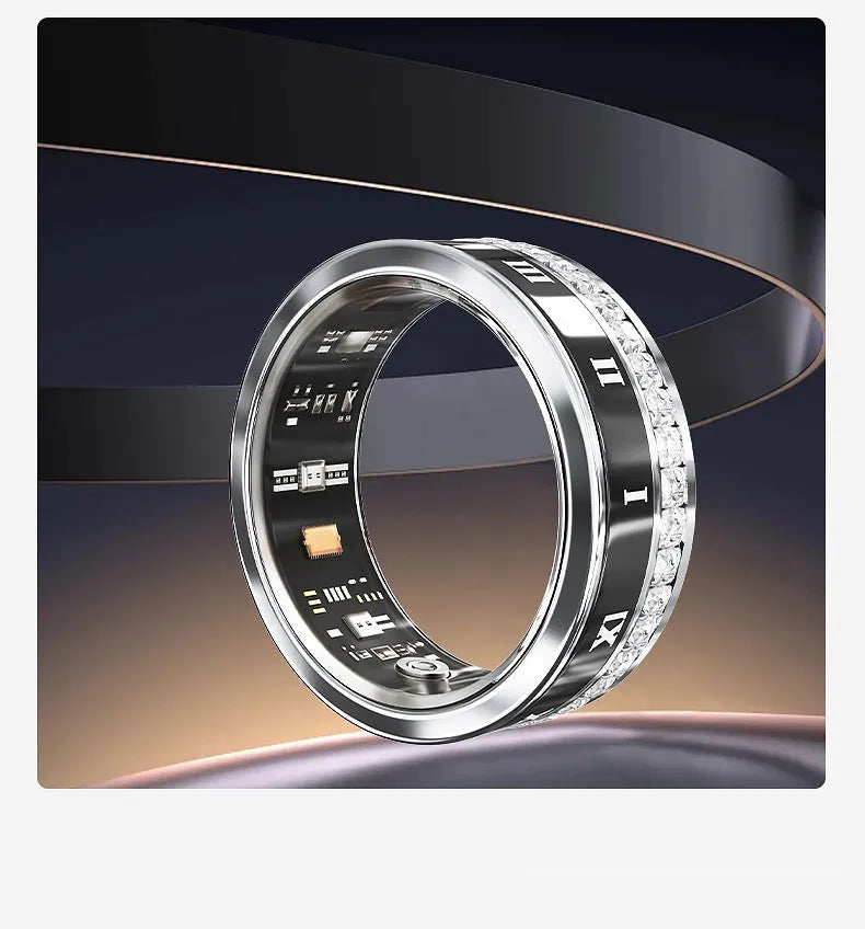 Silver and gold smart ring with diamond inlay on a finger, showing its wearable design and jewellery aesthetic.