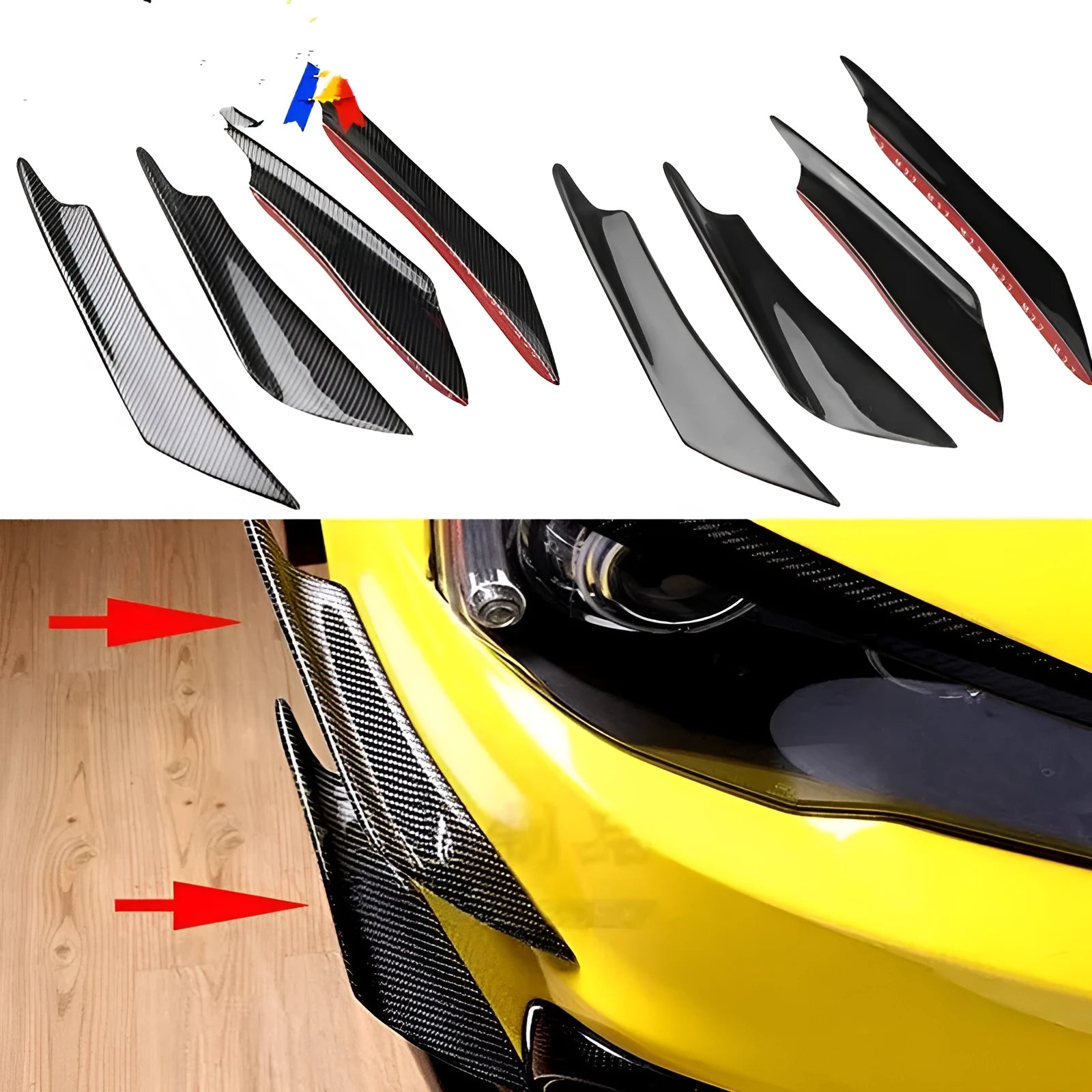 Four-piece carbon fibre pattern bumper blade kit for automotive installation