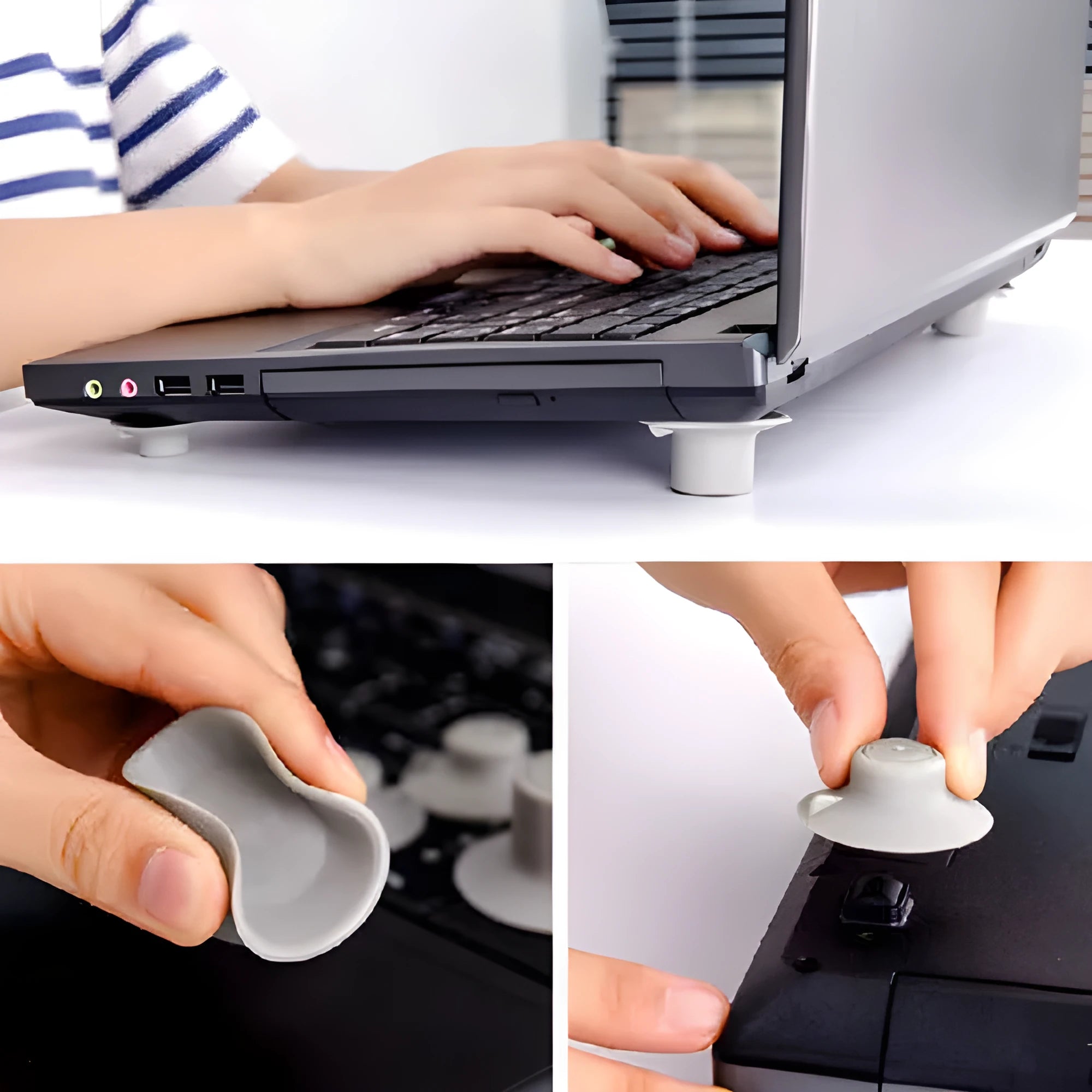 Set of four grey plastic laptop cooling pads: two large and two small, on a desk.
