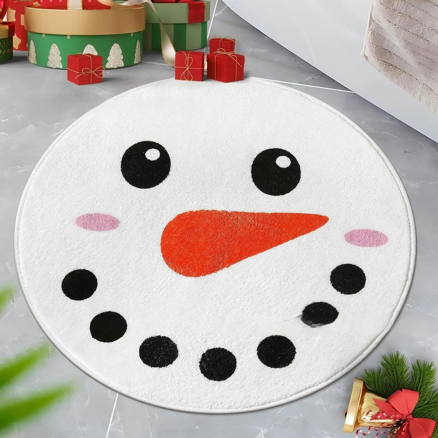 Christmas round pad polyester carpet mat in festive printed design on floor.