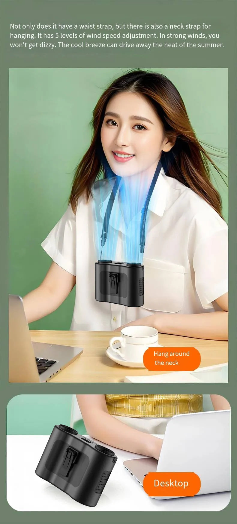 Grey portable waist-hung personal fan with lanyard, shown being worn, for outdoor and construction site use.