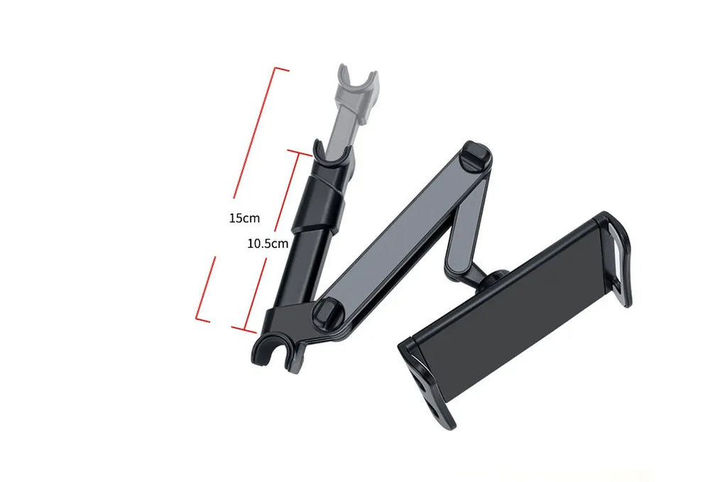 Black universal car phone and tablet holder mounted on a car rear seat base.