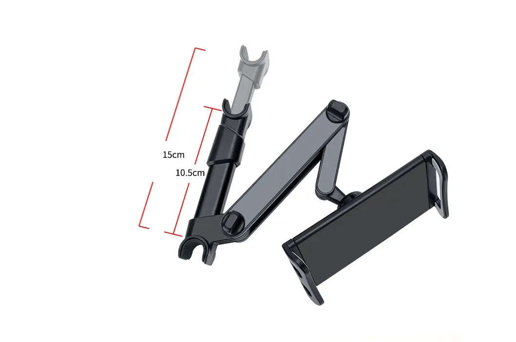 Black universal car phone and tablet holder mounted on a car rear seat base.