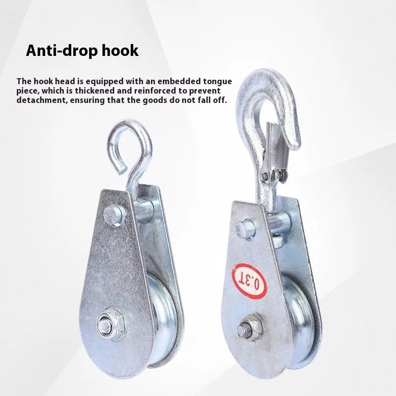 Red forged steel lifting pulley with a ring hook and safety latch for industrial general lifting applications.