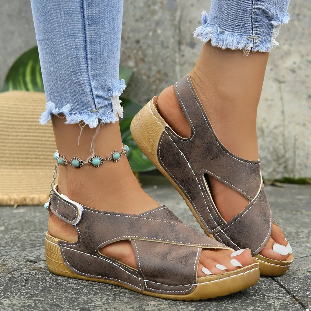 Women's brown Roman platform sandals with Velcro straps and open toe