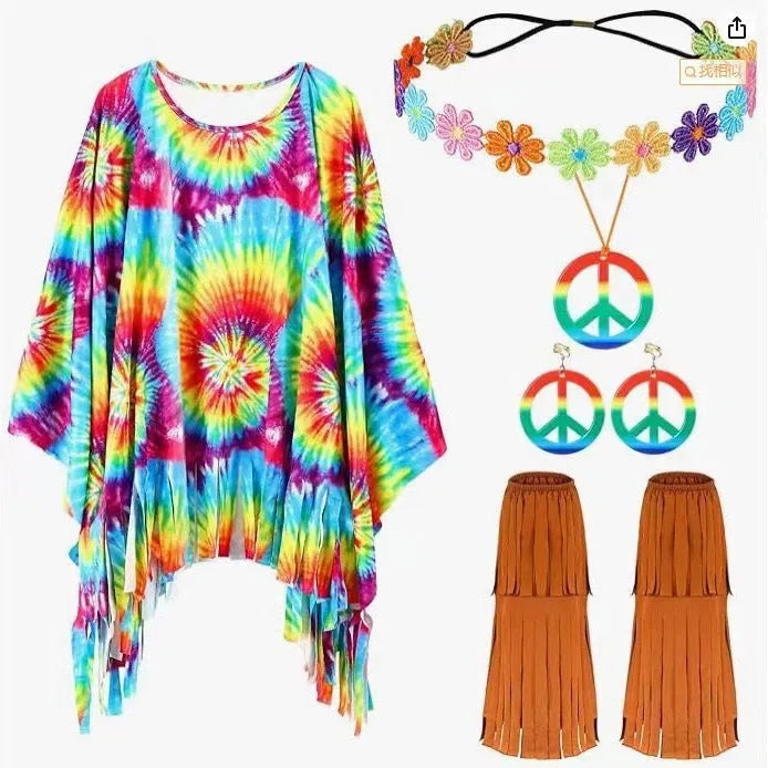 Colourful tie dye cloak costume with large bell sleeves, shown in a rainbow colour variant.