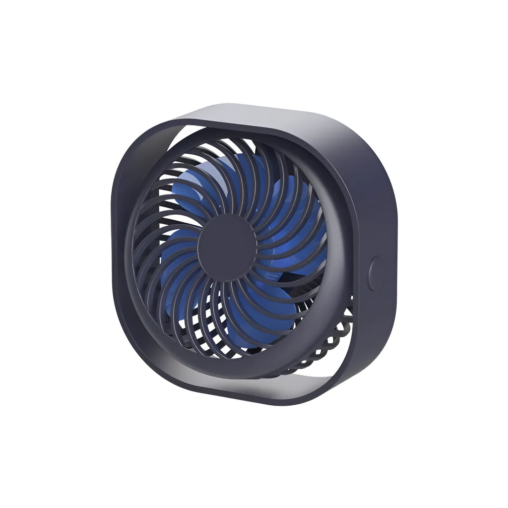 USB desk fan in blue colour with 360-degree rotation head and rotary switch, showing modern simple design.