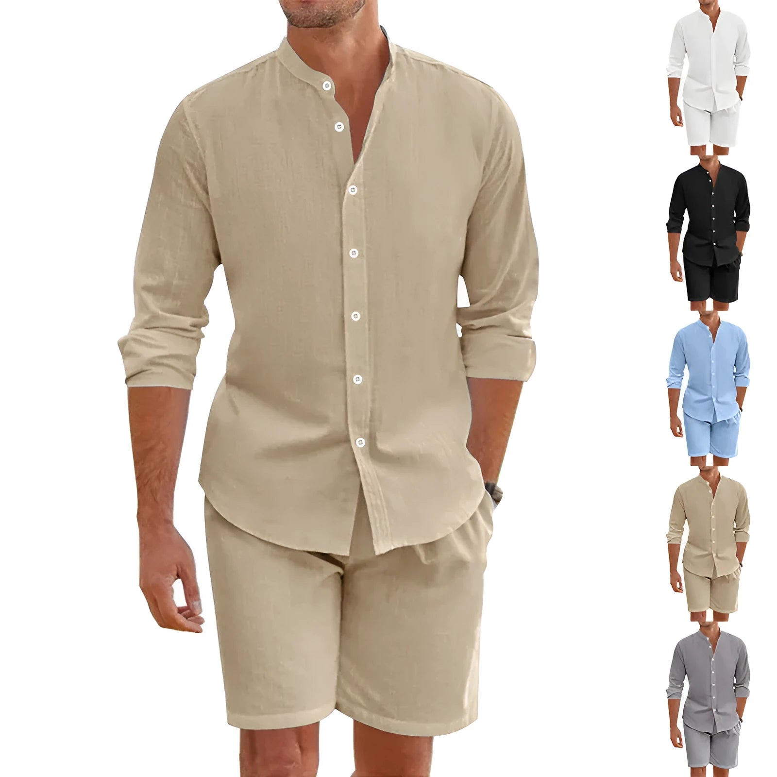 Men's linen blend summer set with lapel shirt and drawstring shorts in multiple colour options