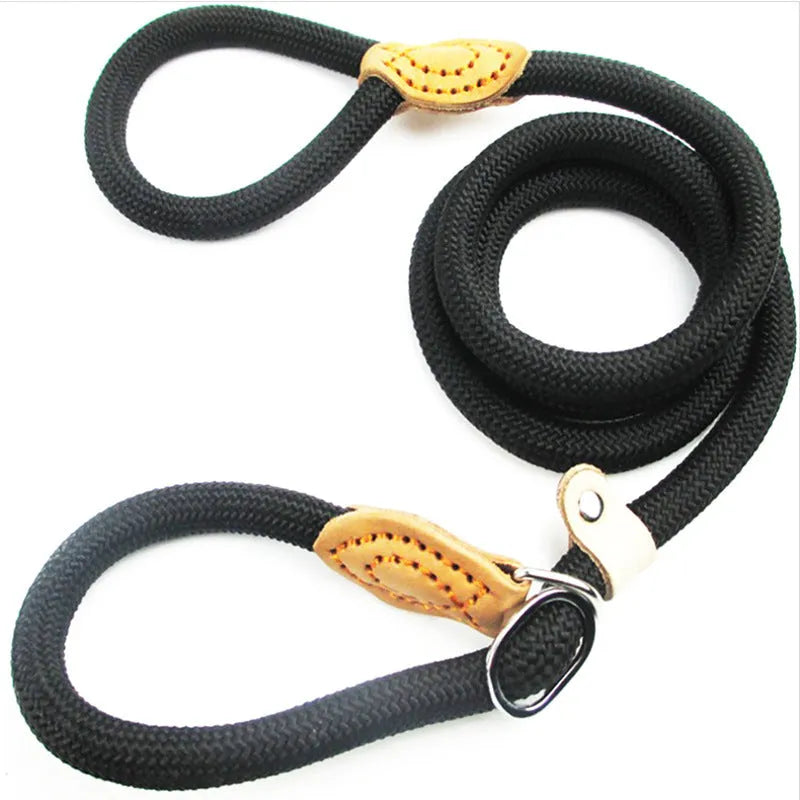 Brown nylon dog leash with chain links measuring 2.1 metres in length