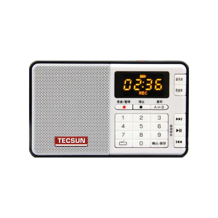 Tecsun Q3 portable digital audio player in one of six colours, showing front buttons and compact size.