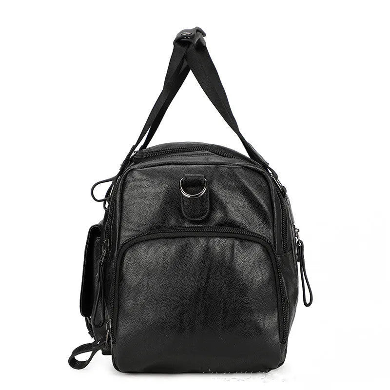 Black PU holdall travel bag with a separate internal compartment for shoes.